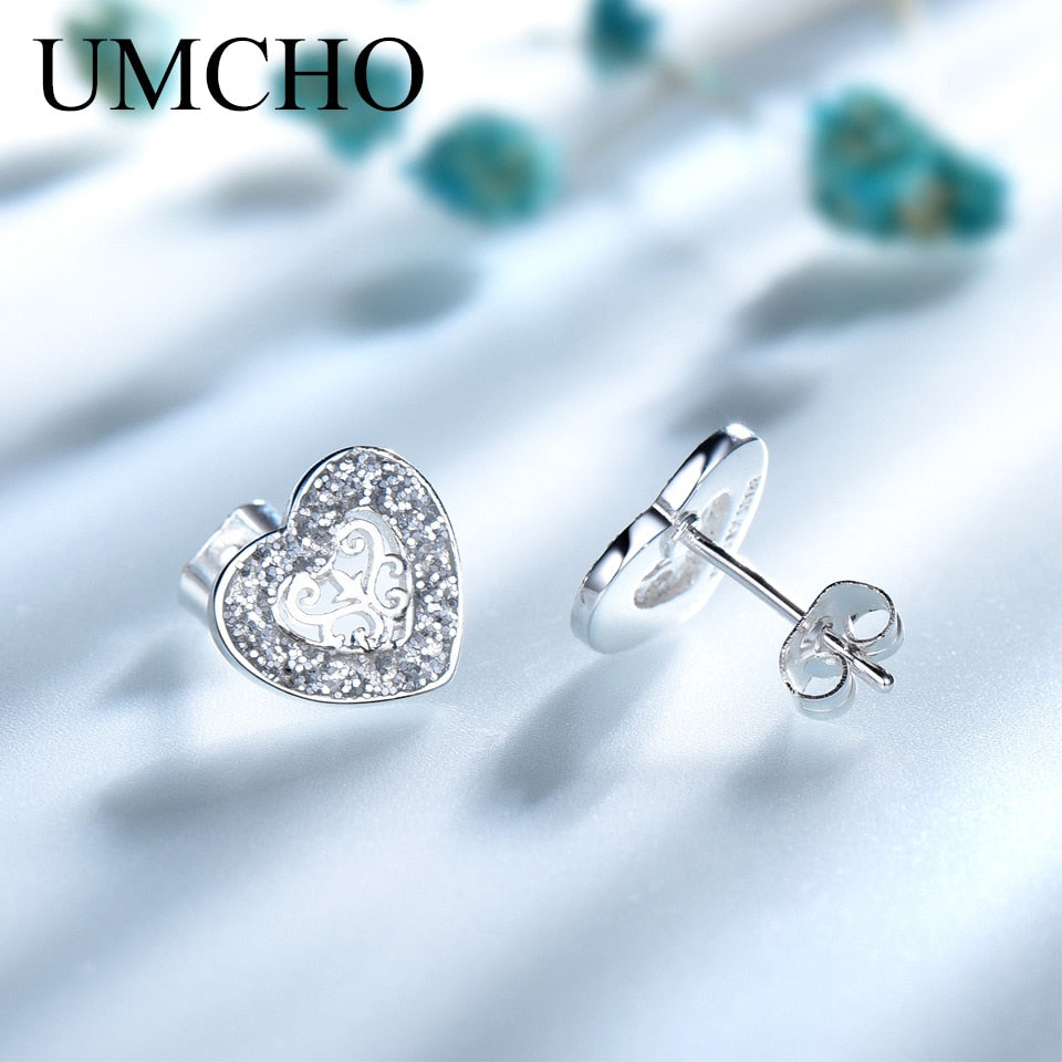 UMCHO Solid 925 Sterling Silver Stud Earrings Glitter Heart Earrings For Women Sweet Cute Gift Korea Fashion  Jewelry