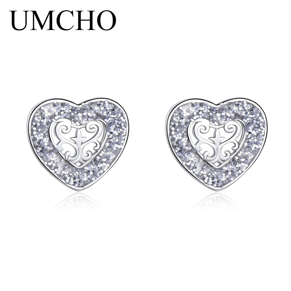 UMCHO Solid 925 Sterling Silver Stud Earrings Glitter Heart Earrings For Women Sweet Cute Gift Korea Fashion  Jewelry