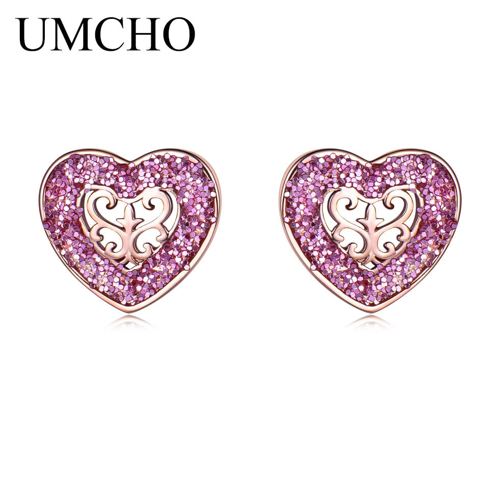 UMCHO Solid 925 Sterling Silver Stud Earrings Glitter Heart Earrings For Women Sweet Cute Gift Korea Fashion  Jewelry