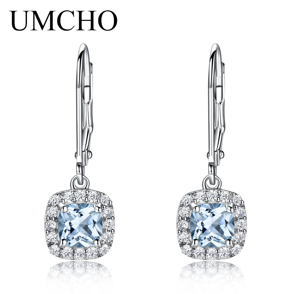 UMCHO Solid Sterling Silver Clip Earrings For Women Aquamarine Blue Topaz Earrings Christmas Jewelry Wedding Gift With Box